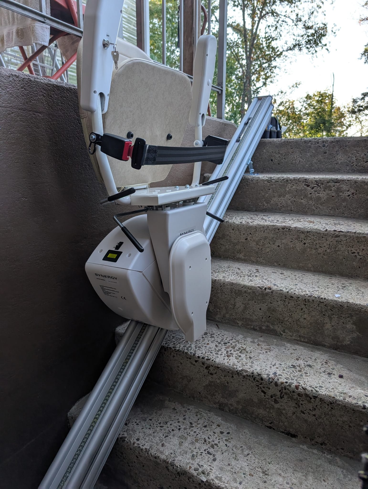 Custom outdoor stair lift installed on exterior staircase in Northeast Ohio for year-round use
