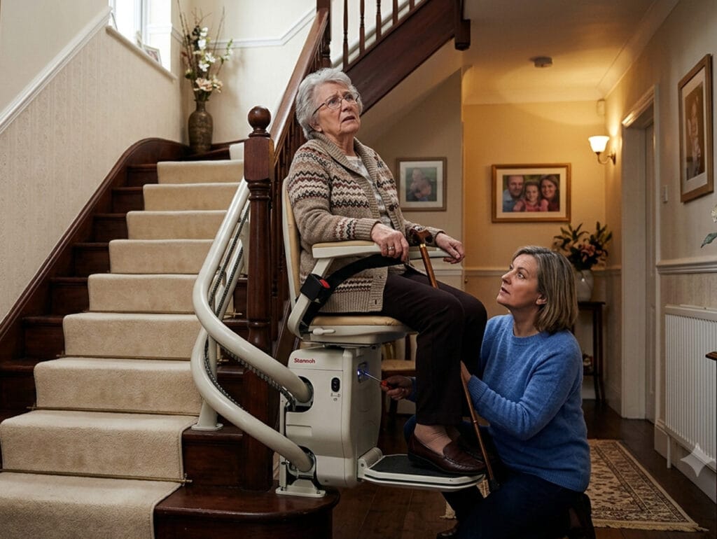 Homeowner checking a stair lift that has stopped working while troubleshooting common issues