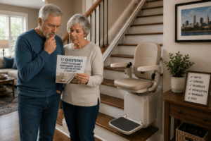 Family reviewing stair lift features and asking important questions