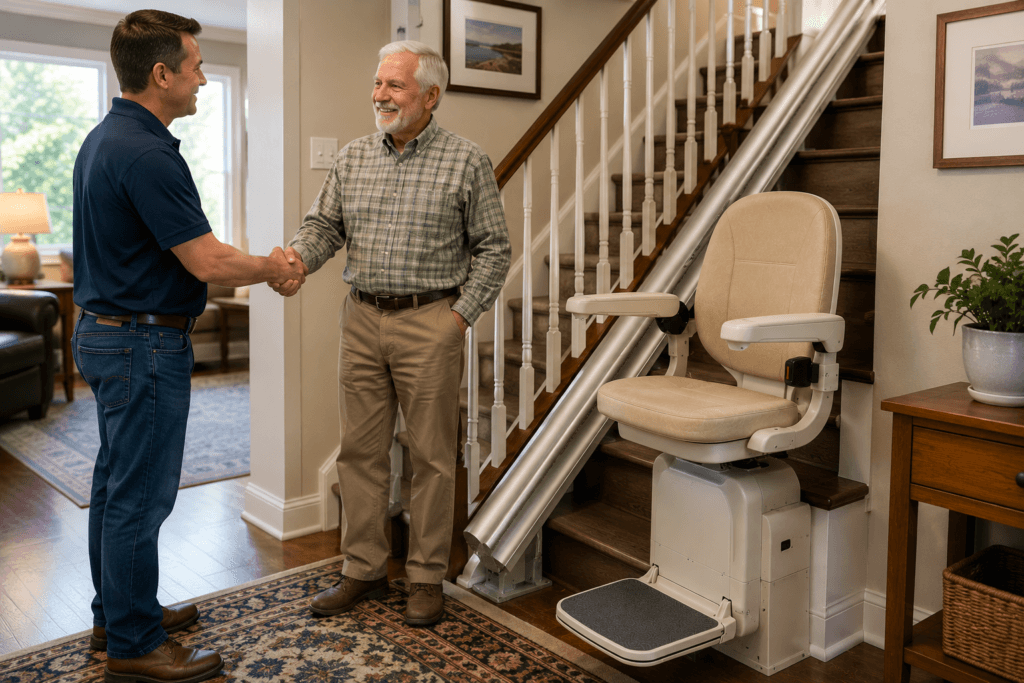 refurbished stair lift installed in a home after inspection and safety testing