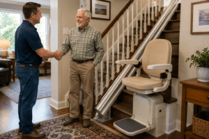 refurbished stair lift installed in a home after inspection and safety testing