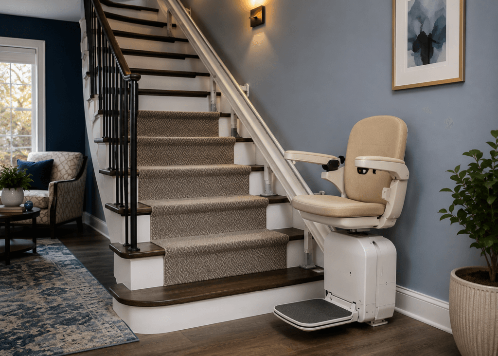Stair lift rail securely mounted to staircase treads without damaging the walls