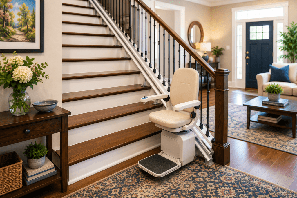 Stair lift installed on one side of a residential staircase