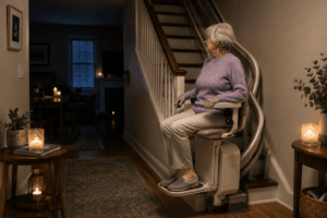 Senior using a battery-powered stair lift safely during a home power outage