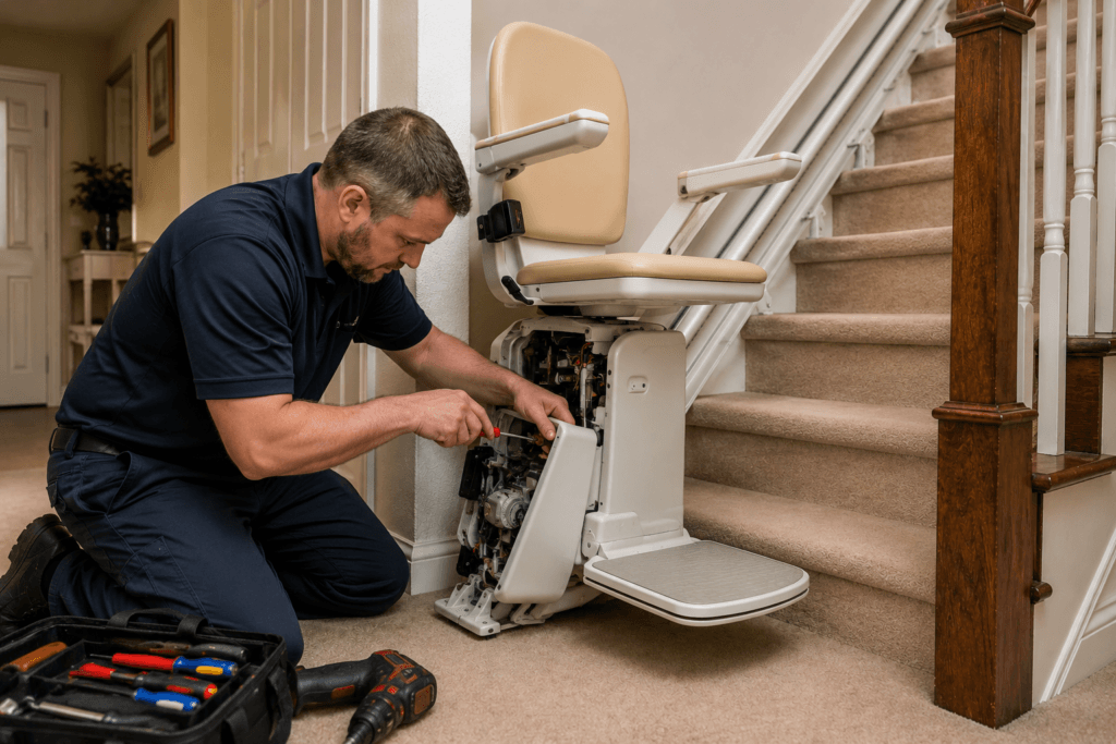 Technician inspecting an older stair lift