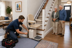 Technician installing a residential stair lift for a homeowner