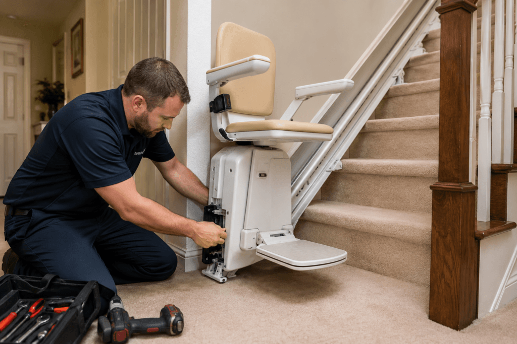 echnician installing a stair lift in a Northeast Ohio home