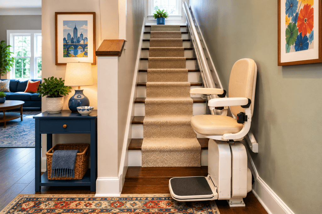 Compact stair lift installed on a narrow staircase in a Cleveland home