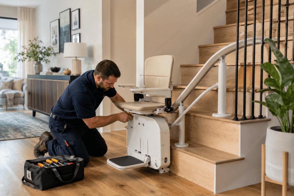 Technician installing a curved stair lift