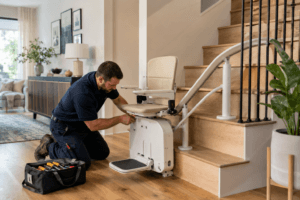 Technician installing a curved stair lift