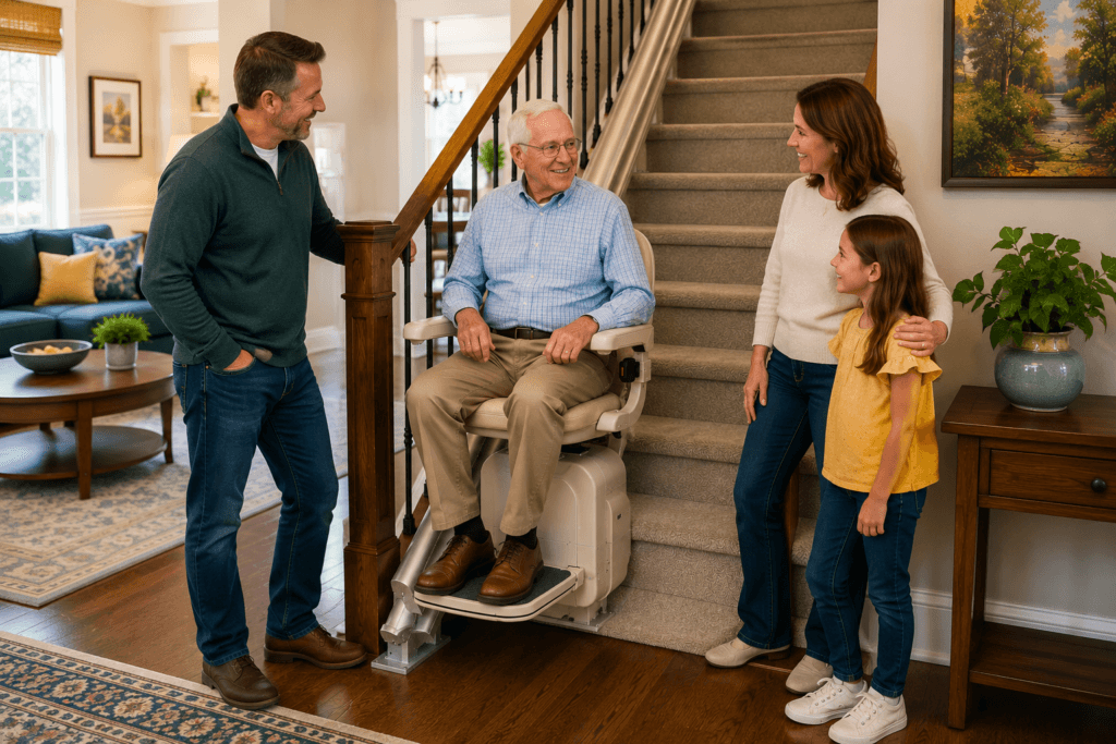 Routine maintenance and safety inspection on a residential stair lift