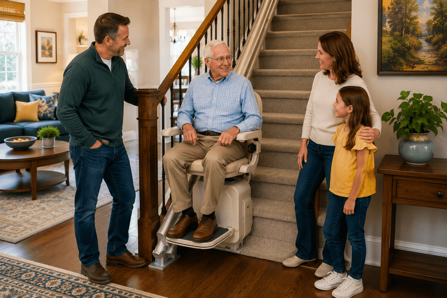Routine maintenance and safety inspection on a residential stair lift