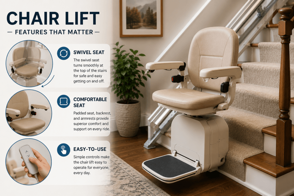 Modern residential stair lift highlighting essential safety and comfort features for seniors