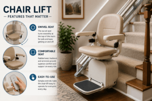 Modern residential stair lift highlighting essential safety and comfort features for seniors
