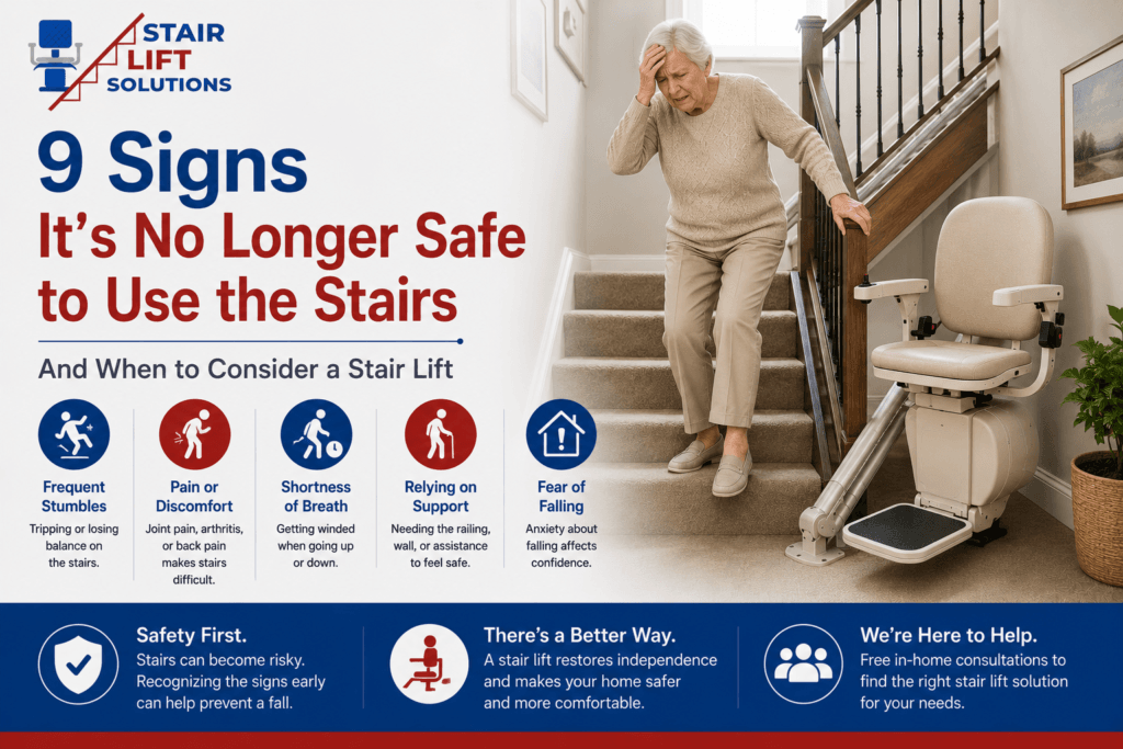 Senior adult holding a stair handrail while experiencing difficulty