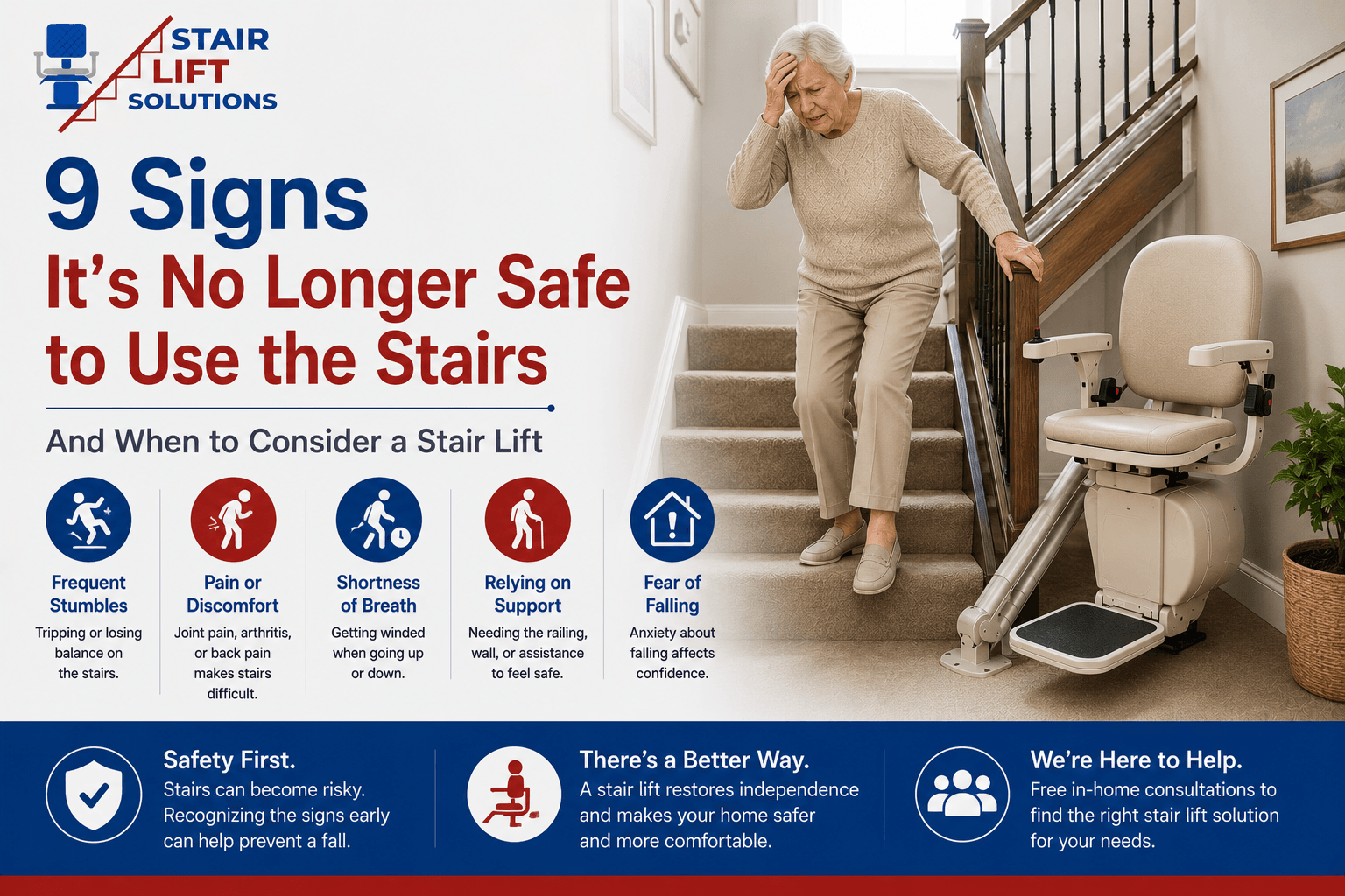 Senior adult holding a stair handrail while experiencing difficulty