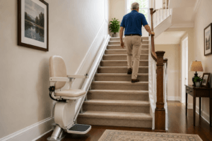 Family member comfortably walking on a staircase with a stair lift installed