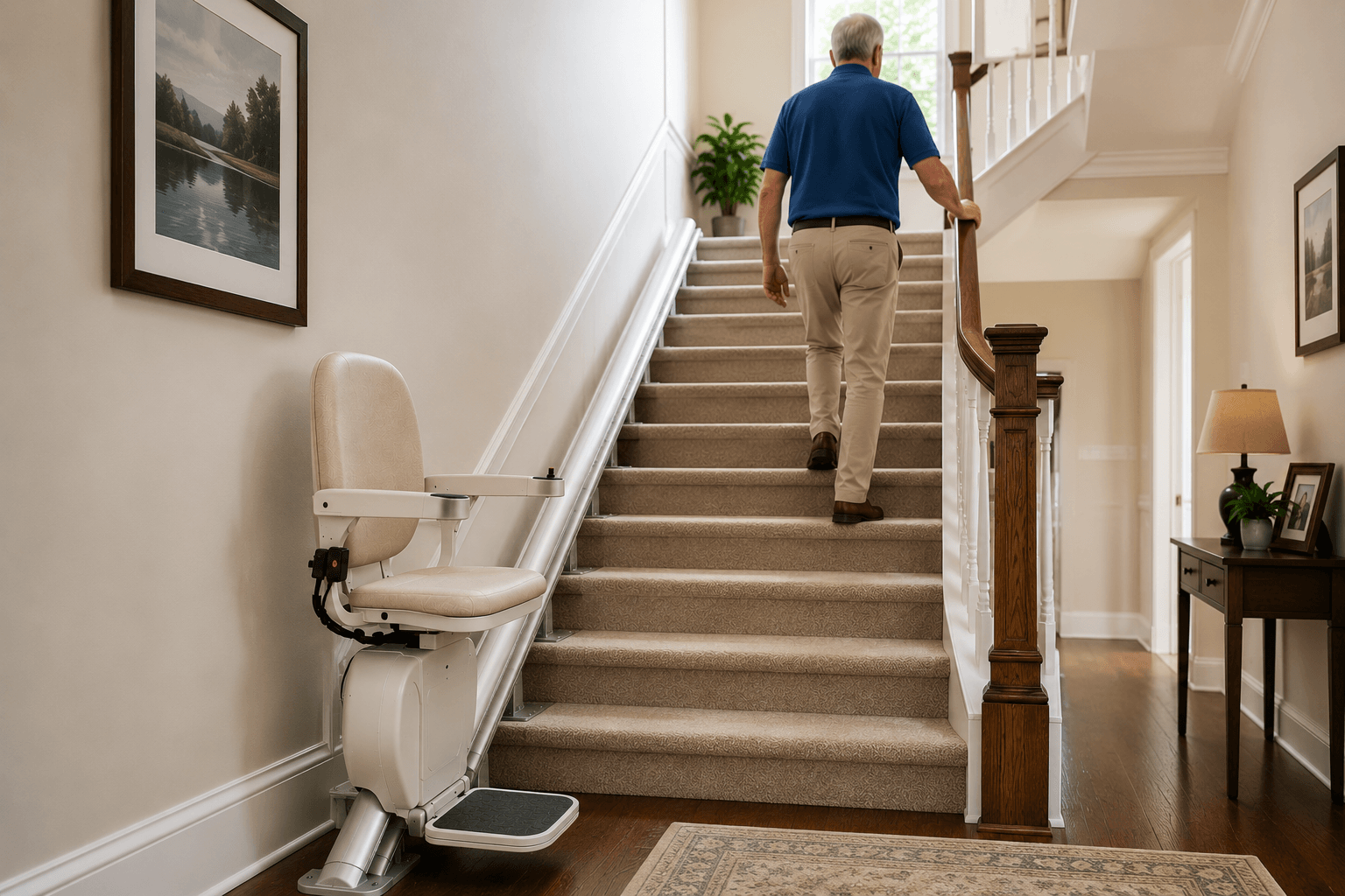 Family member comfortably walking on a staircase with a stair lift installed